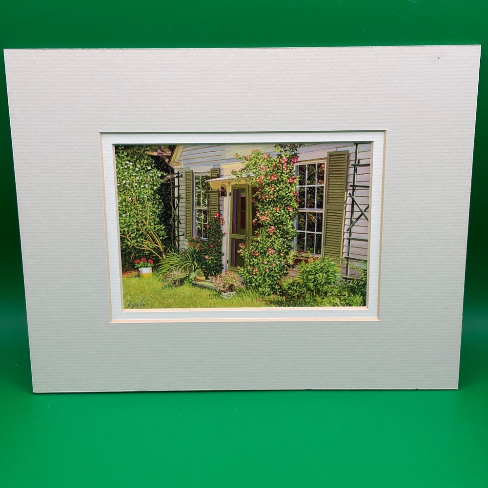 David Junka The Old Garden Cottage Rose Lithograph 10x8 Matted Floral Wall Art